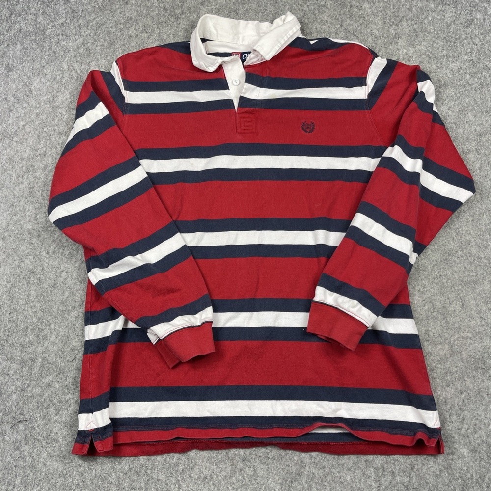 Chaps Striped Rugby Shirt Mens Large Red Blue Long Sleeve Collared 80s Preppy - Picture 2 of 7